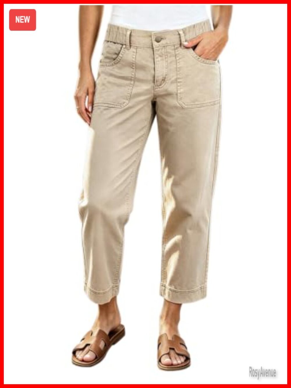 High Rise Straight Leg Crop Pants Patch Pocket Cotton Blend